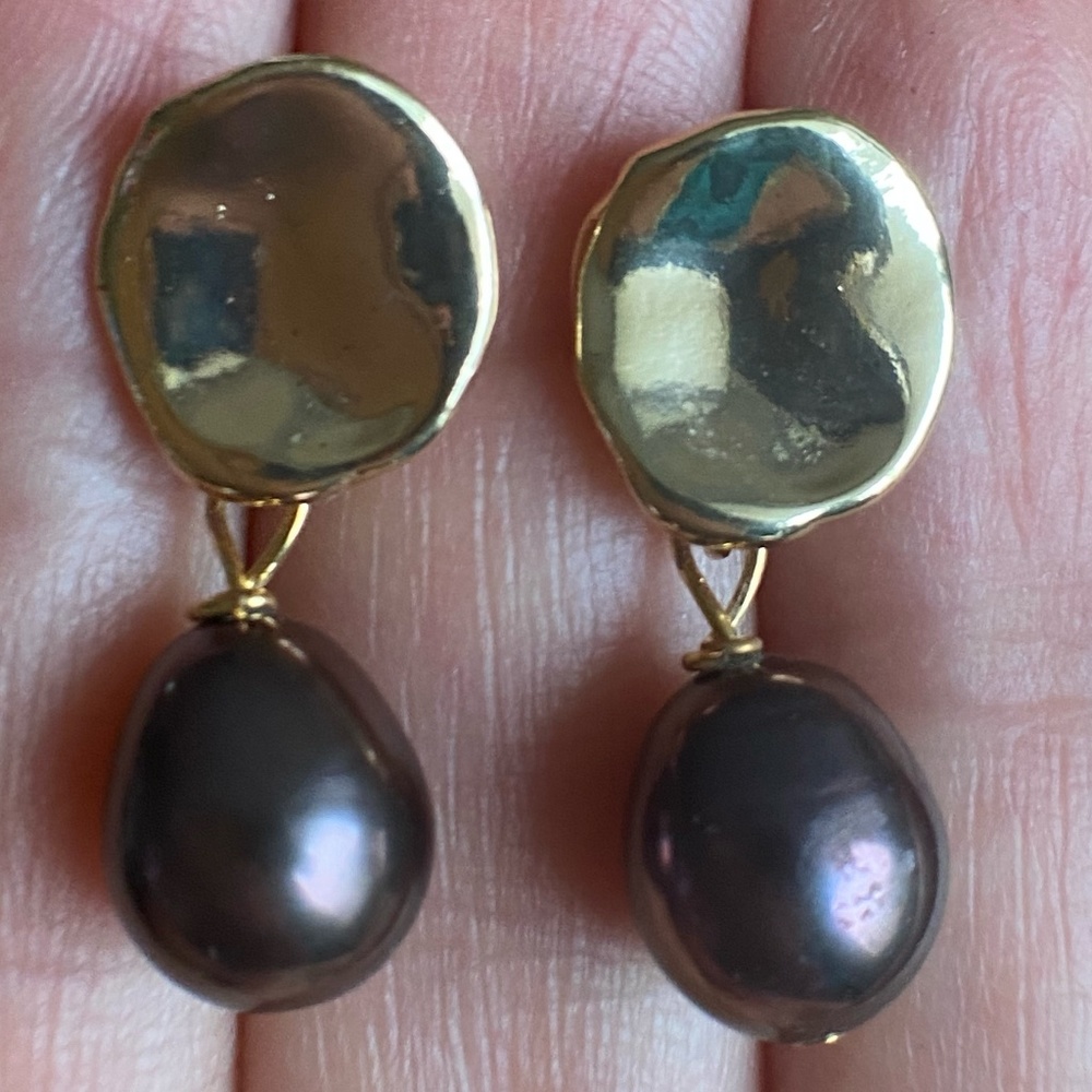 8.2mm Dark Brown Cultured Pearls - 14K Gold Plate Drop Earrings